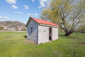 View of shed featuring a mountain view