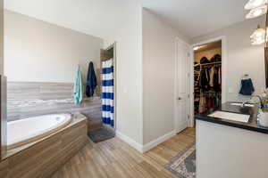 Full bathroom featuring double vanity, curtained shower, a walk in closet, a bath, and a sink