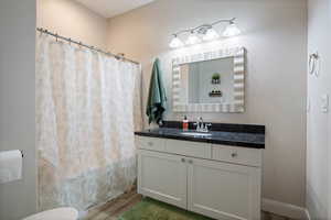 Bathroom featuring vanity, curtained shower, and wood finished floors