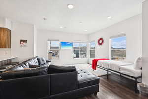 Living area with recessed lighting and dark wood finished floors