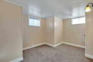 Basement featuring baseboards, a wealth of natural light, and carpet