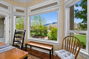 Mountain view, and a wealth of natural light into kitchen dining area