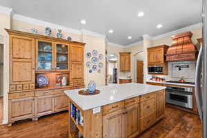 Kitchen featuring dark wood-style floors, premium range hood, a center island, backsplash, copper hood and stainless steel appliances