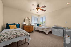 Bedroom #3 with recessed lighting, carpet flooring, and a ceiling fan