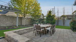 View of patio with outdoor dining area and a fenced backyard