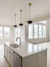 Kitchen featuring dishwasher, a wealth of natural light, a sink, and a kitchen island with sink