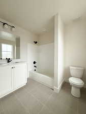 Full bathroom featuring vanity, shower / washtub combination, toilet, tile patterned flooring, and visible vents
