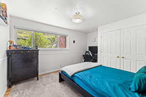 Bedroom featuring baseboards, multiple windows, a closet, and wood finished floors