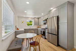 Kitchen featuring new gray cabinets, new backsplash & quartz countertops, new light wood vinyl flooring, new stainless steel appliances, and recessed lighting