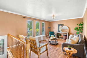 Living area featuring crown molding, laminate floors