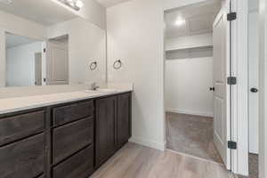 Primary Bathroom featuring vanity, baseboards, wood finished floors, and a spacious walk in closet