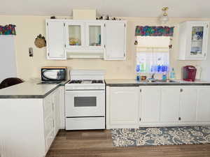 Kitchen featuring black microwave, gas range gas stove, dark wood-type flooring, under cabinet range hood, and a sink