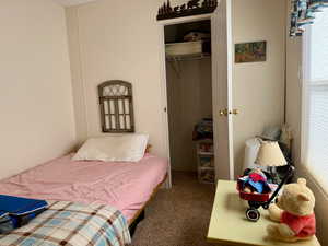 Carpeted bedroom with a closet