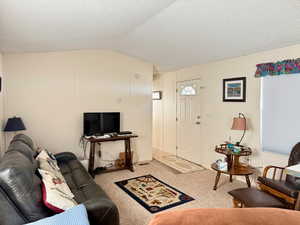 Living room with a textured ceiling, vaulted ceiling, and carpet