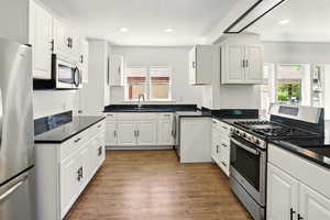 Kitchen featuring white cabinetry, appliances with stainless steel finishes, and a wealth of natural light