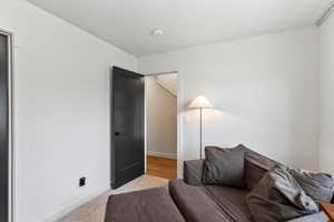 Living area featuring baseboards and light colored carpet