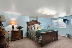 Bedroom featuring carpet floors, a textured ceiling, and baseboards