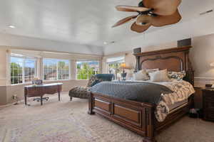 Bedroom with visible vents, baseboards, ceiling fan, recessed lighting, and light colored carpet