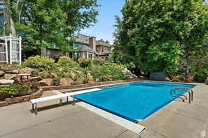Pool featuring a storage shed, a patio, a diving board, and an outdoor structure