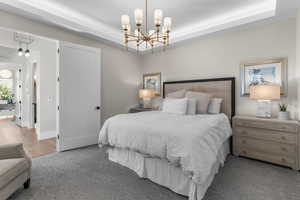 Bedroom with a raised ceiling, wood finished floors, and a chandelier