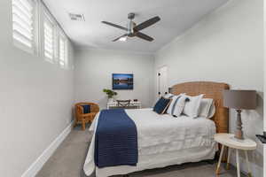 Carpeted bedroom featuring a ceiling fan, baseboards, and visible vents