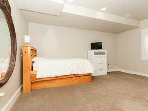 Carpeted bedroom with baseboards and recessed lighting