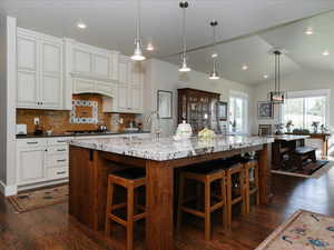 Kitchen with backsplash, light stone countertops, a sink, and dark wood-type flooring