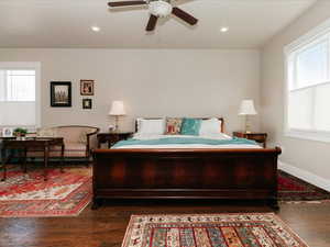 Bedroom with baseboards, recessed lighting, ceiling fan, and wood finished floors