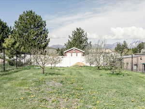 View of yard with a mountain view and fence