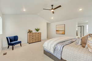 Primary Bedroom featuring vaulted ceiling, and recessed lighting
