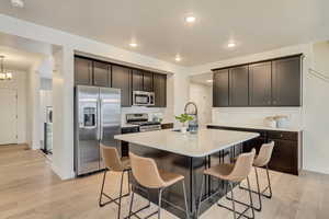 Kitchen featuring a sink, a 5'x6' bar area, appliances with stainless steel finishes, and hardwood laminate floors