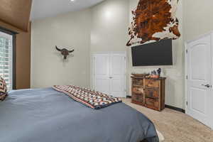 Bedroom with carpet floors, baseboards, and a towering ceiling