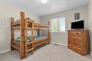 Bedroom featuring baseboards, carpet flooring, a textured ceiling, and visible vents