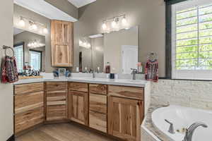 Full bath featuring a healthy amount of sunlight, vanity, and a whirlpool tub