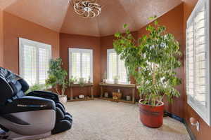 Living area featuring a textured ceiling, a notable chandelier, lofted ceiling, and carpet