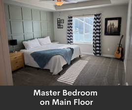 Bedroom featuring carpet, baseboards, a raised ceiling, and a ceiling fan