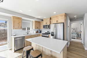 Kitchen with light brown cabinetry, stainless steel appliances, a sink, and light countertops