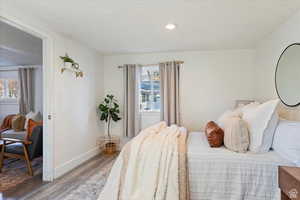 Bedroom featuring baseboards, wood finished floors, a textured ceiling, and multiple windows