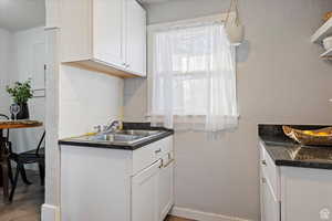 Kitchen featuring white cabinets, wood finished floors, and a sink