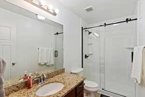 Full bathroom featuring visible vents, toilet, a shower stall, and vanity