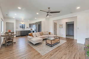 Basement apartment living room featuring light wood-style floors, baseboards, a ceiling fan, and recessed lighting