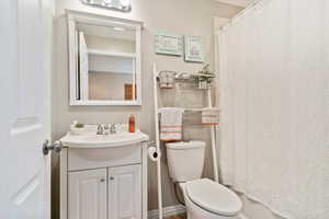 Bathroom featuring vanity, toilet, and a shower with curtain