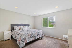 Bedroom featuring baseboards, carpet flooring, and recessed lighting