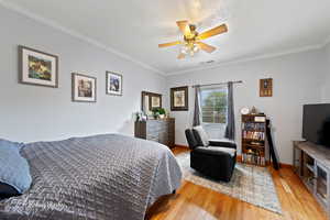 Bedroom featuring a ceiling fan, visible vents, crown molding, baseboards, and light wood-style floors