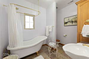 Full bathroom featuring a sink, toilet, baseboards, a freestanding tub, and visible vents