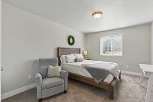 Carpeted bedroom with baseboards, a textured ceiling, and visible vents