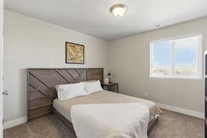 Bedroom with carpet flooring, baseboards, and visible vents