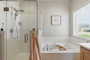 Bathroom featuring a shower stall, a garden tub, and vanity