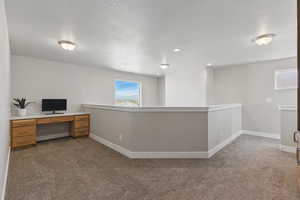 Unfurnished office with carpet floors, baseboards, and a textured ceiling