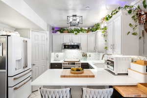 Kitchen with a peninsula, light countertops, tasteful backsplash, a sink, and stainless steel appliances